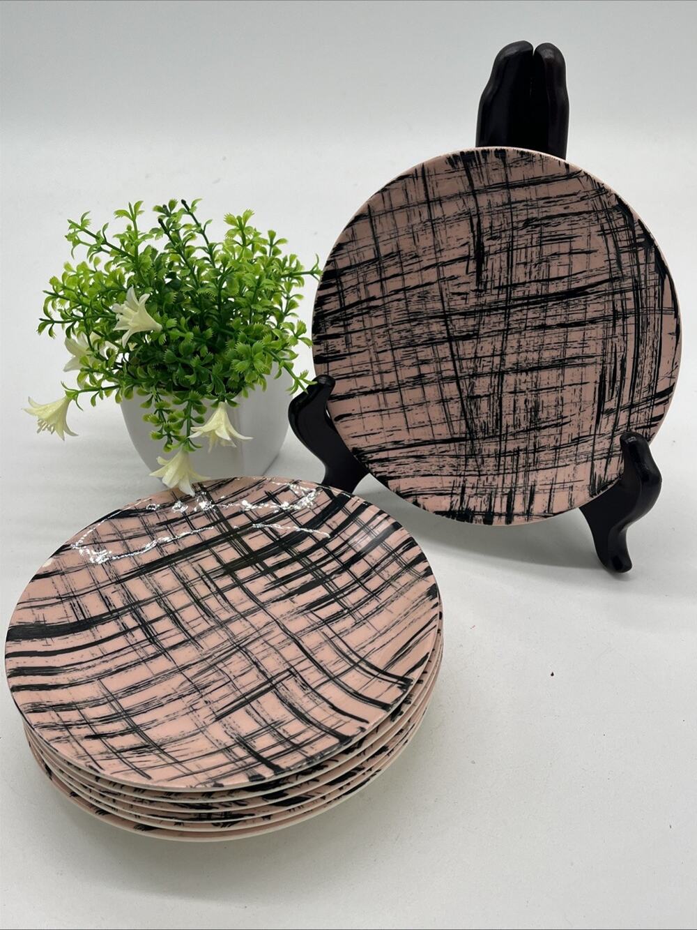 Blue Ridge Hand Painted Plates Set 7 Pink Black Crosshatch 6.5 Inch